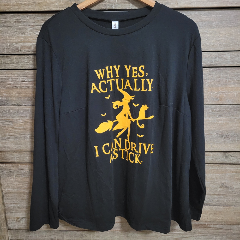 Zolucky Black Flying Witch Halloween I Can Drive A Stick Long Sleeve Shirt 2X
